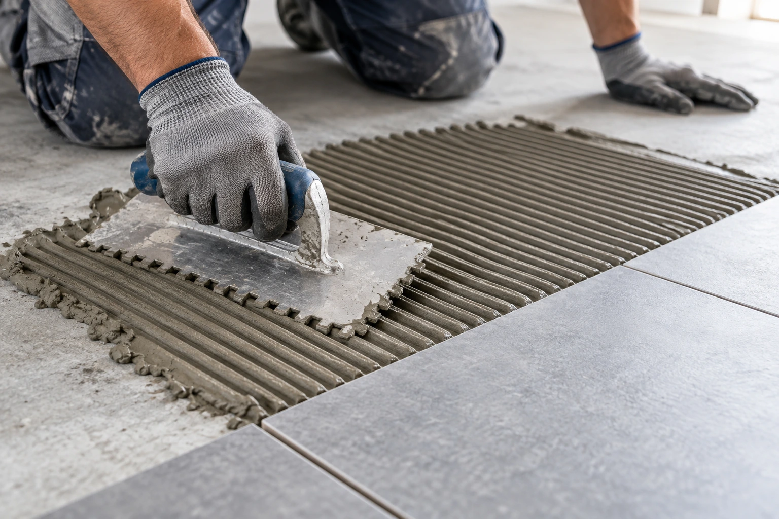 Tile adhesive mortar being applied with a notched trowel